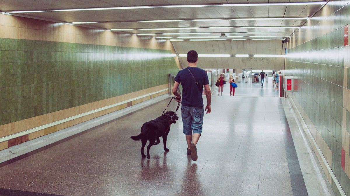 Pessoa cega com cão guia entrando no metrô